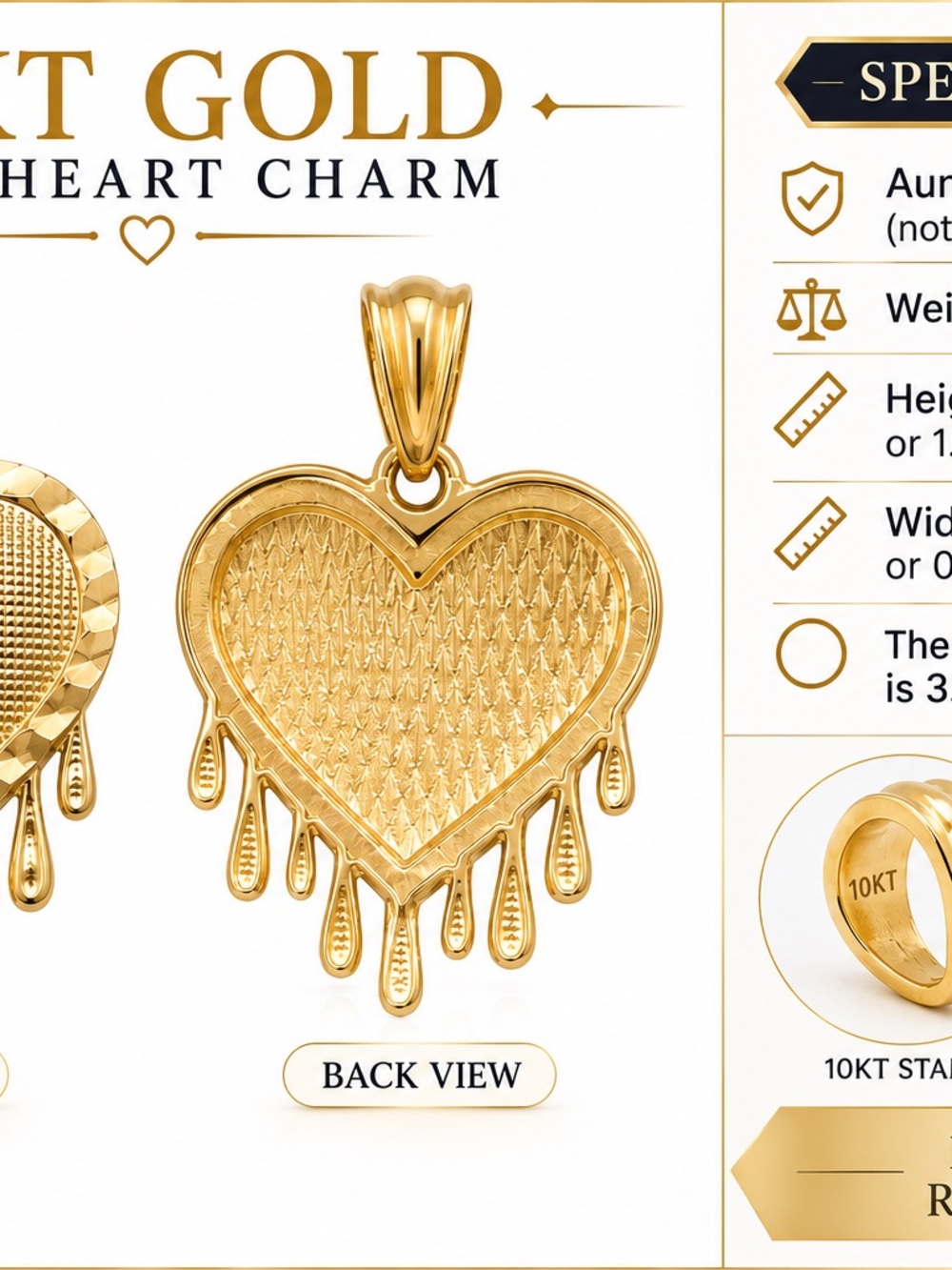 10KT Gold Heart Drip Charm Pendant - Yellow Gold